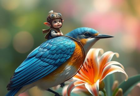 a tiny goblin pilot riding on the back of a bluebird, reins, the bird's feathers have an iridescent shine, bright lily flowers, bokeh, in the style of a fantasy painting