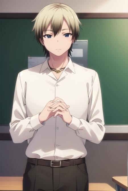 kodakahasegawa, <lora:kodaka hasegawa s2-lora-nochekaiser:1>,
kodaka hasegawa, blonde hair, male focus, multicolored hair, two-tone hair, (black eyes:1.3),
BREAK shirt, jewelry, school uniform, belt, necklace, pants, green pants, white shirt, long sleeves, collared shirt,
BREAK indoors, classroom,
BREAK looking at viewer, (cowboy shot:1.5),
BREAK <lyco:GoodHands-beta2:1>, (masterpiece:1.2), best quality, high resolution, unity 8k wallpaper, (illustration:0.8), (beautiful detailed eyes:1.6), extremely detailed face, perfect lighting, extremely detailed CG, (perfect hands, perfect anatomy),