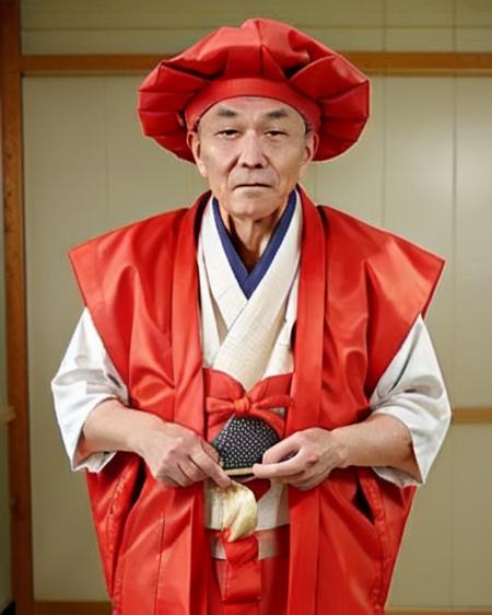 red hat, gilet, <lora:gilet_for_level61_v1:0.7>, old man, fan, zabuton, hanbok, 1boy, fat