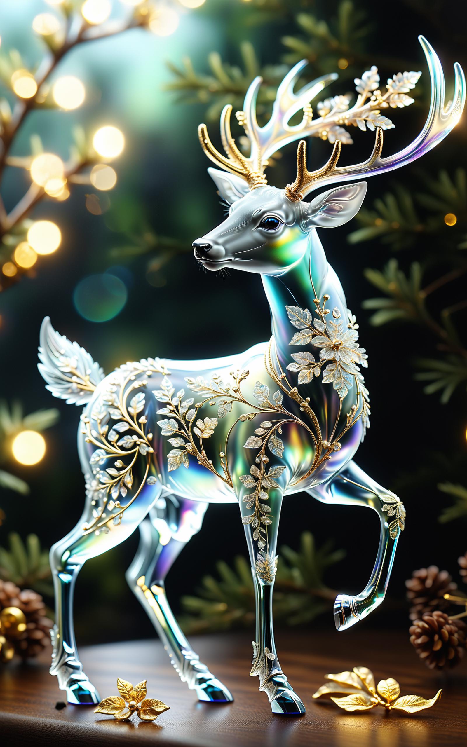 A beautifully decorated deer statue with gold and silver accents.