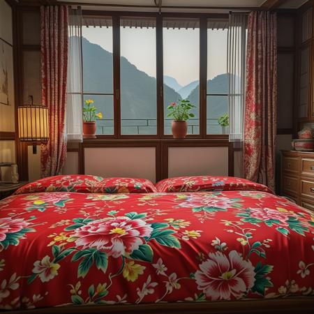 dongbeidahua,flower,indoors,pillow,no humans,window,bed,floral print,table,curtains,scenery,couch,lamp,bedroom,still life,carpetï¼<lora:dongbeidahua:0.6>,