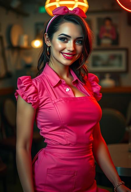 realistic photographic of a stunningly beautiful woman, a charming pin-up waitress model, sporting a vibrant pink uniform with a playful apron, engaging, flirty smile, atmospheric, irresistible gaze, sexy, masterpiece, best quality, dark and light neon mix, masterpiece midjourneyv6.1, volumetric lighting, expressive, warm colors, extreme energy, dynamic posing,