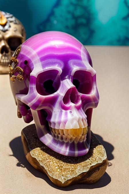 professional photo of g30d35ku11sd15, studio lighting, pink and purple malachite (druzy chrysocolla), light bokeh, sharp focus, intricate detail, gold trim, beach background, pirates treasure