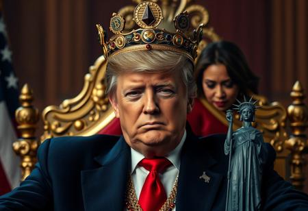 Donald Trump as the King of the USA: Donald Trump sits on a throne, proudly wearing a crown adorned with cryptocurrency symbols (Bitcoin, Ethereum, Dogecoin) instead of traditional jewels. His expression is fierce and triumphant, a smirk playing on his lips, embodying the power of a self-declared “King of the USA.”
Tagline: “The King is Back: A New Reign Begins.”
Kamala Harris in the Background: Positioned more prominently in the background, Kamala Harris stands in clear view, tears visible as she gazes downward, conveying a sense of sorrow or defeat. She’s supported by a small Statue of Liberty figure that tugs on her gently, as if to encourage her forward or console her in her despair.
Visual Details: Shot with Panavision Cine Prime lenses, with high-quality color correction that enhances both realism and contrast in a docufiction style. The scene is vivid yet atmospheric, with rich colors and textures that highlight Trump’s imposing presence while emphasizing Harris’s emotional expression and the subtle symbolism in the Statue of Liberty’s supportive gesture.