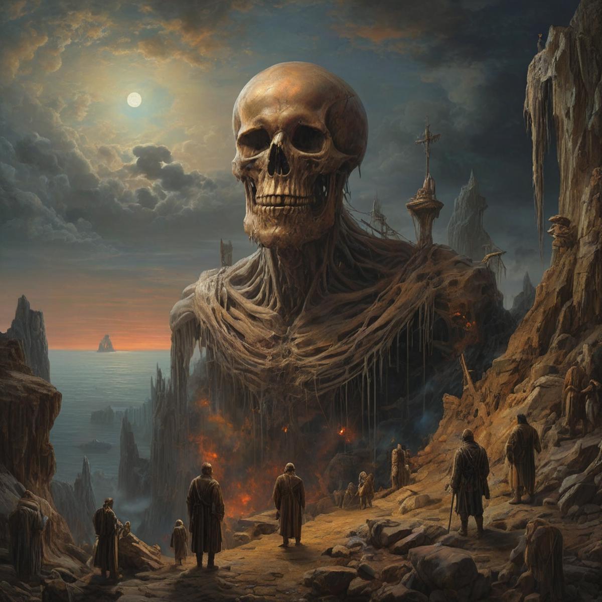 A Painting of Skeletons and a Skull on a Mountain with the Moon in the Background.