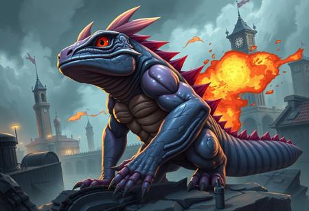 Create a highly detailed, 4K digital painting of a muscular warrior Axolotl, with a Clock Tower Prison in the background. The Axolotl, named Chad ((Zerator)), should be depicted in a dynamic pose, with an explosion on its back. Incorporate elements of 90s nostalgia and cartoon creature design, while maintaining a lifelike and realistic quality. Use a golden ratio composition and pay attention to micro details. The style should be reminiscent of artists such as Arthur Adams, Artgerm, Guy Denning, Jakub Rozalski, Magali Villeneuve, and Charlie Bowater. Ensure the artwork is trending on Pinterest and Artstation, with a smooth and sharp draw.
