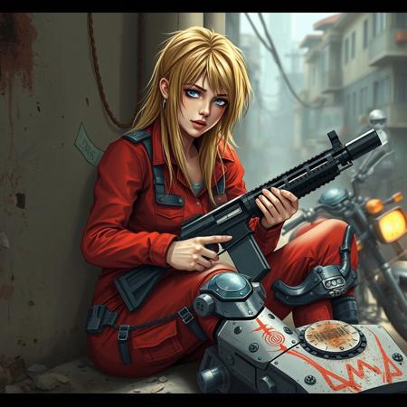 Futuristic Sci-fi. A tired female fighter, dressed in a red jumpsuit is sitting, tired, in a corner in a battle damaged neighbourhood. She has long dishelveled blonde hair, blue eyes and a pretty face. She's polishing a long futuristic laser rifle. An armored motorcycle is at her side.