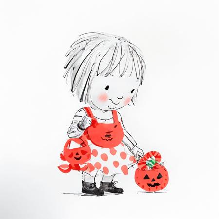 janemassey, massey, 
lineart, white background,illustration, cute, 2d,
1girl, solo, blush, smile, short hair, simple background, monochrome, food, chibi, traditional media, candy, halloween, spot color, jack-o'-lantern, :>, pumpkin,
 <lora:janemassey-04:1>