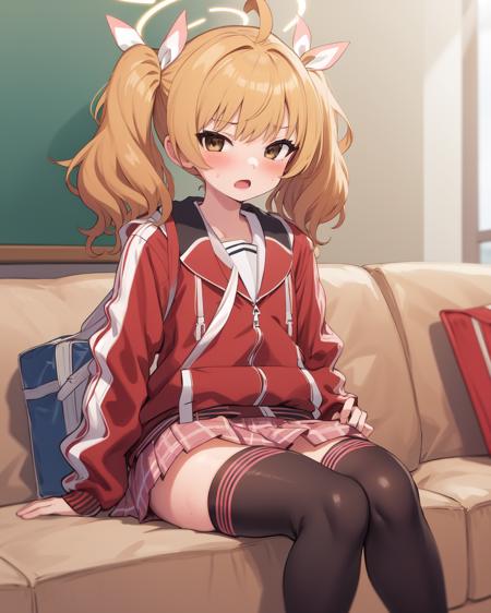 yoshimi (blue archive) orange hair,halo,red jacket,pink skirt,blonde hair,twintails,brown eyes