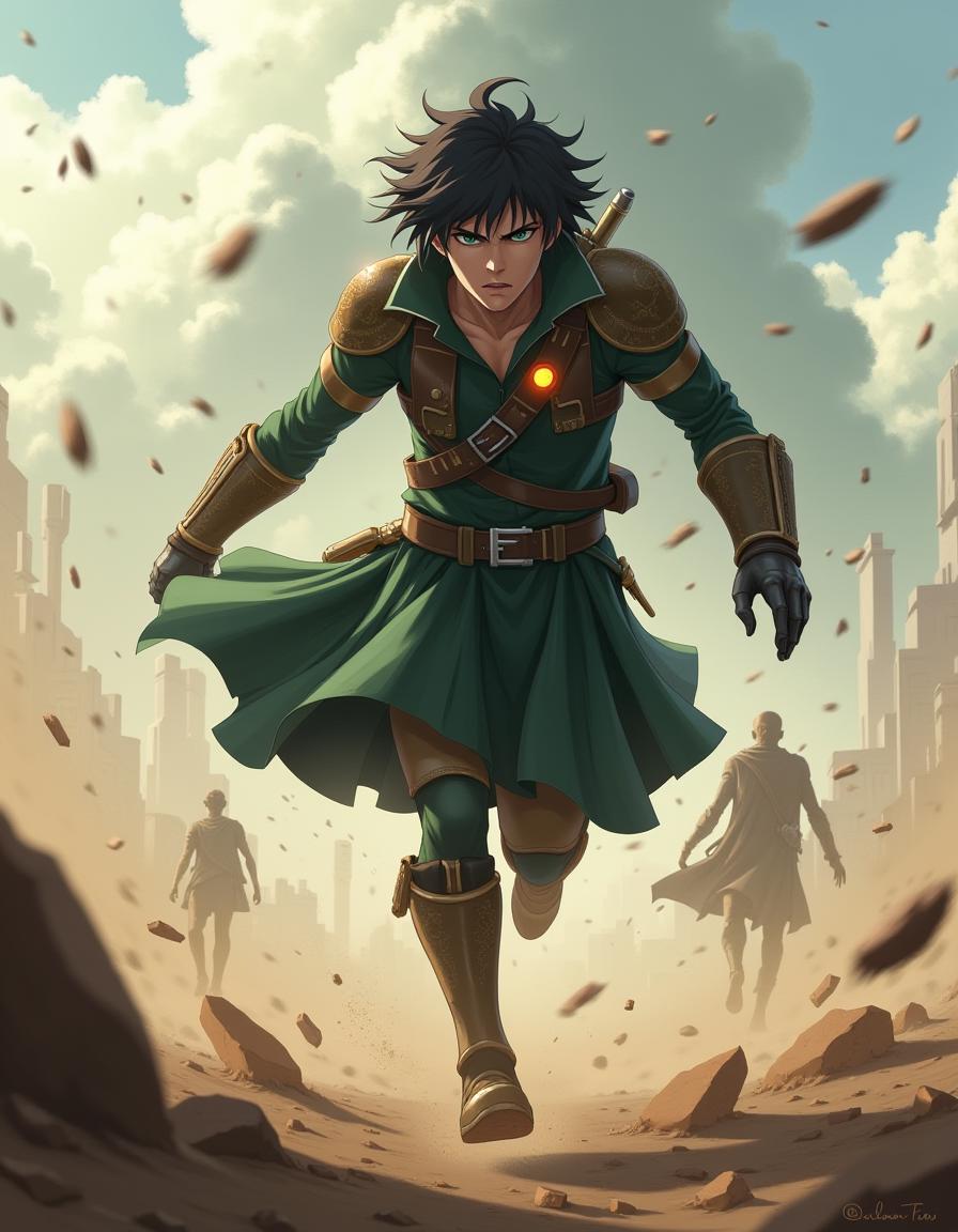 Eren Yeager in mid-air, charging through a battlefield while wearing a dark green kilt over his gear. Debris and dust swirl around him, and a titan looms in the distance. The kilt flutters as Erenâs ODM gear glows in motion.