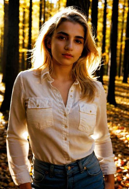 (((detailed face))) 22yo buxom northern german woman secretly masturbating in Forrest, summer sunset, (((mysterious atmosphere))), jeans and blouse, D cup breasts , Natural skin texture, alone, perfect hands, warm sunlight shining on her army cut blonde hair, (teasing after having sex, aroused expression), warm light breaking between trees, shadows over her chest, Award - winning, full body portrait photograph shot with Kodak Portra 800, a Hasselblad 500 , 55mm f/ 1.8 lens, extreme depth of field, available light, high contrast, Ultra HD, HDR, DTM, 8K, (((by Shirana Shahbazi)))