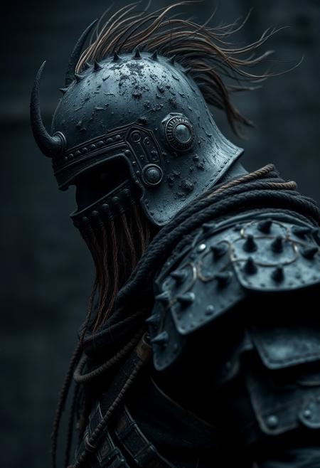 side view, full shot of the underworld warrior, dirt black armour, small white eyeballs, hyper realistic, ultra detailed, translucent oiled skin, black skin, mist, wind