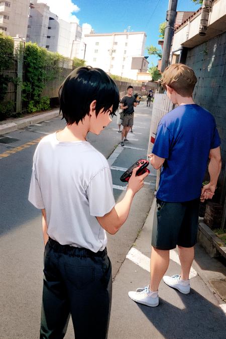 wings, backpack, fence, sky, chain-link fence, halo, short hair, shirt, bag, feathered wings, black hair, handheld game console, outdoors, angel, blue sky, white hair, holding, angel wings, short sleeves, day, cloud, white shirt, white wings, 2boys, male focus, white dress, shorts, pants, white footwear, dress, playstation portable, standing, closed mouth, from below, multiple boys, print shirt, black bag, 1boy, flying, rooftop, blue eyes, holding handheld game console, t-shirt<lora:ruinx:1.1>