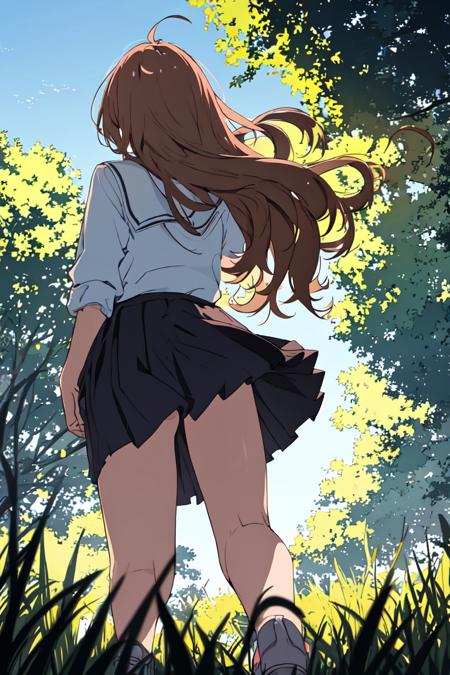 ,back view ,1girl, solo ,<lora:pytorch_lora_weights:0.8>,school uniform,shirts,skirt,thights, zettai ryouiki, ,legs,(flaxen brown wavy hair:1.15),wind,panty ,from below,park, grass,,A character's spontaneous decision to enter a photography exhibition in a local gallery.,<lora:back_view-v1-100:0.8>,outdoor