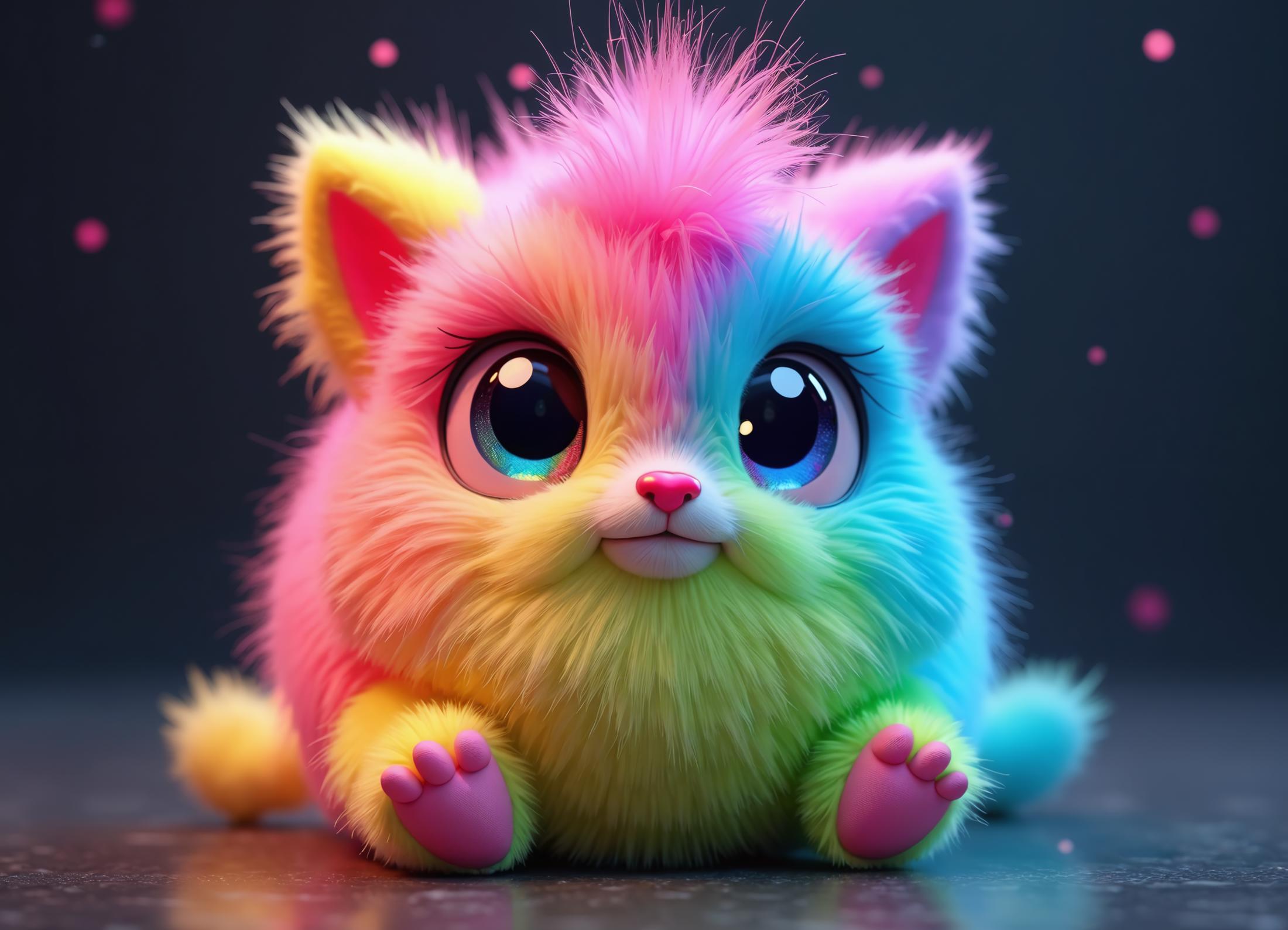 Adorable rainbow creature, hyper-detailed fur texture. Vibrant, prismatic colors blending seamlessly from neon pink to electric blue, vivid yellow to lime green. Ultra-soft, fluffy fur with individual strands visible, creating a halo effect. Enormous, captivating eyes with multi-colored irises and glossy, liquid-like surface. Tiny, heart-shaped nose in hot pink. Plush, squeezable body with stubby paws. Fur transitions from longer, spiky tufts on top to shorter, velvety coat on face and body. Iridescent sheen across the fur, suggesting a magical quality. Dark background with subtle, colored reflections. Photorealistic rendering with focus on intricate fur details and color gradients. Whimsical, fantasy-inspired character with the texture and depth of a high-end CGI creation.