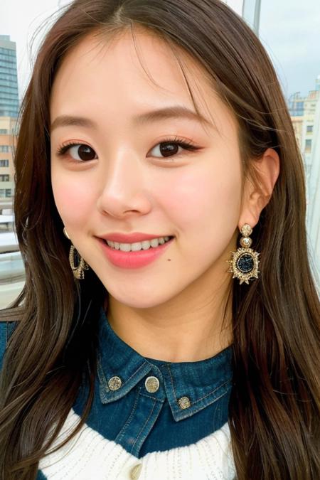 RAW photo,1girl,solo,chaeyo,brown hair,sweater,earring,((detailed:1.2)),(photorealistic:0.8),photoshoot,masterpiece,best quality,sun lighting ,city background, high quality, film grain,smile,looking at viewer  <lora:chaeyoung_V1.1-000005:0.7>