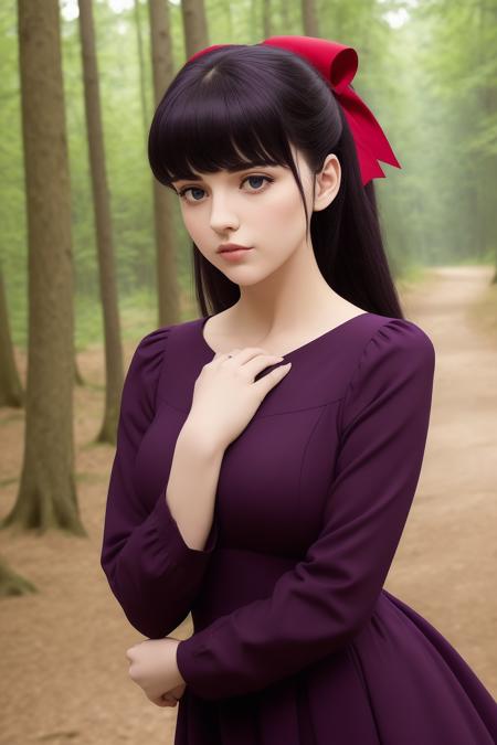 beautiful, (masterpiece:1.2), (best quality:1.2), perfect eyes, perfect face, perfect lighting, (1girl), purple black hair, curled bangs, blunt bangs, hair bow, pointy chin, <lora:Ryouko_Mendou:0.55>, red dress, upper body focus, hell background, forest background