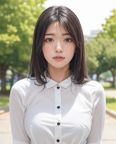 pureerosface_v1:0.3, best quality, photorealistic, 8k, high res, full color, 1girl, woman, 20 years old woman, (closed mouth:1.73), (skindentation), (portrait:0.6), trees, park bench, daylight, ((park background:1.52)), full color, ((buttonedwhiteshirt:1.78)), looking at viewer:1.8, (1girl eyes looking at viewer:1.55), (long hair, brownhair, partedhair:1.45), (bokeh), <lora:AAG-yamada:0.65>