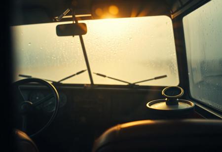 interior shot of a 1960s Land Rover Series I, raindrops on window, foggy glass, vintage dashboard details, cinematic soft light coming through windshield, warm tones, leather seat textures, old compass on dash, moody and nostalgic, shallow depth of field
--ar 4:3 --style film --v 5
<lora:classic_cars_interior_detail:0.9> <lora:cinematic_moody_lighting:0.8>