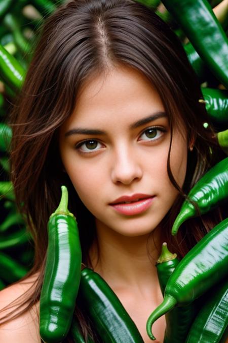 1 girl, beautiful, masterpiece, hyper realistic, detailed, <lora:Surrounded by Stable Yogi:1> surrounded by green chillies