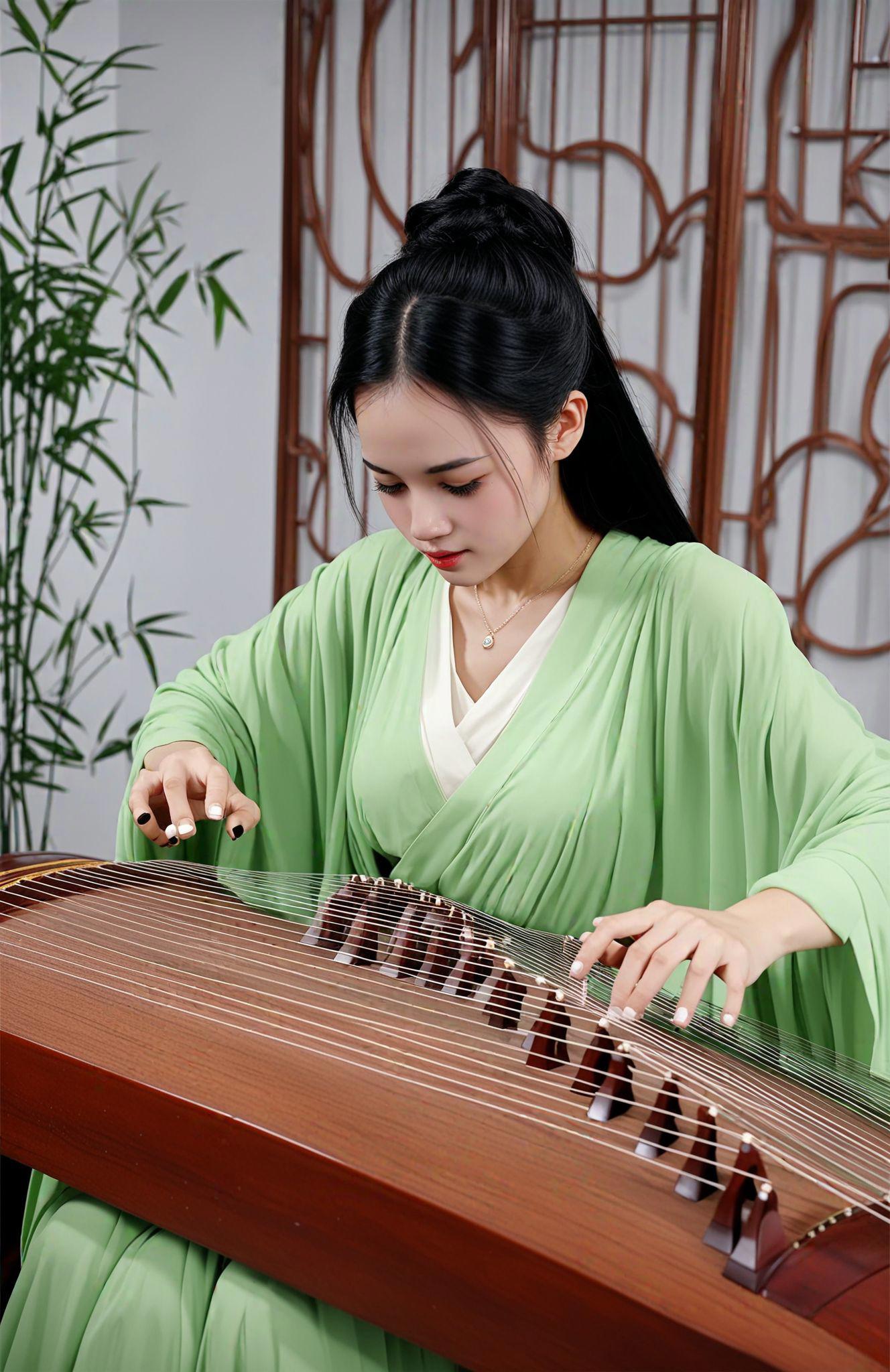 score_9,score_8_up,score_7_up,score_6_up,score_5_up,
A woman in traditional green attire is playing a Chinese zither,with her movements delicate and graceful. The zither,with its elegant black body and golden details,rests on her lap,its strings stretched across her fingers as she skillfully plucks them. Behind her,a white wall adorned with a red lattice window and bamboo stalks creates a serene and culturally rich backdrop,evoking a sense of tranquility and artistic tradition.,