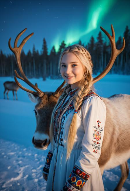 (masterpiece, best quality, hyper-detailed, award winning, professional photography, realistic, 8k, RAW photo:1.2), 1girl, beautiful, cute face, Finnish folk clothing with colorful intricate embroidery, braided long blonde hair, gentle smile, surrounded by birch trees and a grazing reindeer, vivid (northern lights:1.1) glowing in the night sky, snowy ground with soft reflections, cool tones, cinematic lighting, volumetric light, soft glow, sharp focus, <lora:DetailMaximizer:0.5> <lora:add-detail-xl:0.5>