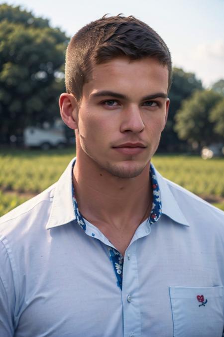 ((masterpiece)), ((best quality:1.2)), High Resolution, 8k, (ultra_realistic:1.3), (photorealistic:1.4), (instagram model, handsome:1.2), sharp focus, a photo of (mitchellslaggertkm), wearing simple shirt with print, farming, rural place, rice field, outdoors, daytime, ((looking at viewer)), <lora:MitchellSlaggertKM:0.8>