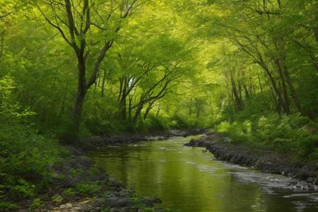A serene river winding through a lush spring forest, 
the water reflecting the vibrant green leaves and soft sunlight filtering through the canopy. No humans, 
just nature.