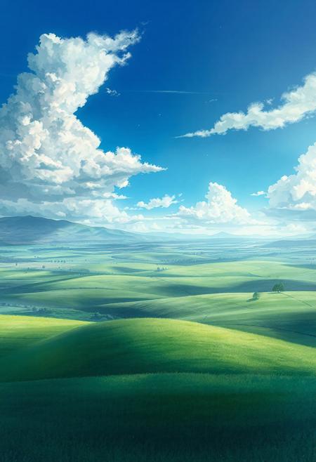ultra-detailed anime landscape, expansive green fields under a cloudy blue sky, gentle sunlight, soft watercolor gradients, distant mountains, scattered trees, light haze in the air, peaceful countryside atmosphere, cinematic composition, depth of field, hyper-realistic cel shading, inspired by Makoto Shinkai and Studio Ghibli, 4K vertical, highly detailed, vivid colors, dreamy lighting