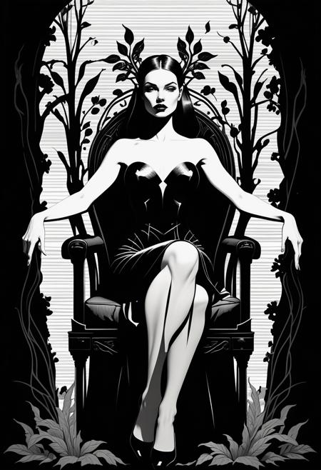 masterpiece, best quality, 1950s comic style, Lilith, enchanting aura, tarot card elements, art nouveau influences, art deco details, beguiling smirk, perched elegantly on a throne of twisted roots, surrounding by infernal glowing flora, precise outline, captivating gaze, glowing mystical symbols, intricate shadows, occult imagery, high contrast, rich textures, sinister elegance, dynamic pose, light and shadow interplay, hellish vista, Alberto Breccia, Carmine Infantino, Gil Kane, dramatic chiaroscuro, deep velvety shadows, luminous highlights, intricate fabric details, ethereal beauty, commanding presence, surreal environment, vibrant yet dark color scheme   <lora:add-detail-xl:1.5>,