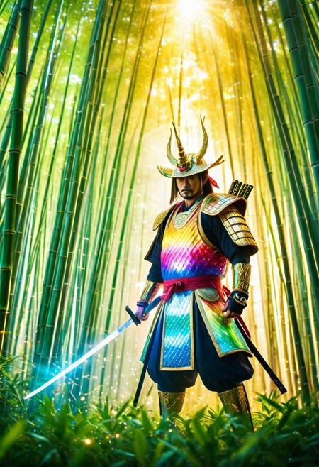 a heroic samurai in glowing rainbow armor, RainbowUnicornStyle, standing in a misty bamboo forest lit by golden beams, cinematic focus on face and sword, magical particles in the air, dramatic shadows, lens flare, highly detailed scene
