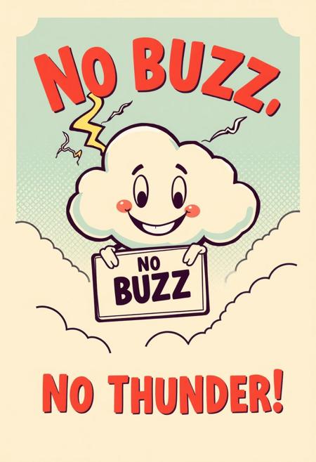 Vintage retro cartoon poster design, A cloud in the sky, holding a lightning bolt and a sign: “No BUZZ – No Thunder!”