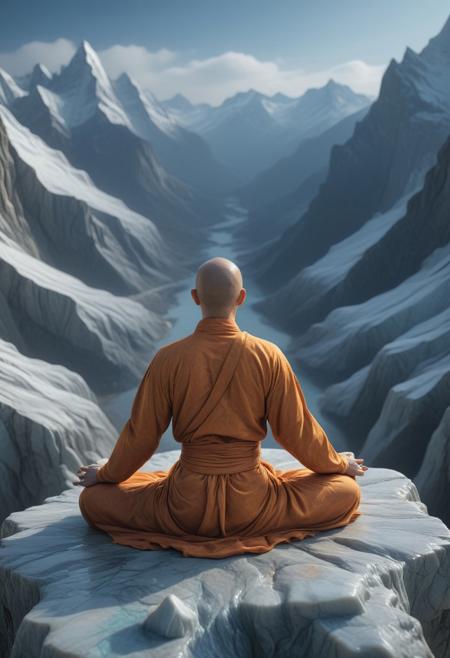 <lora:GeekyXL_Liquid_Marble:0.8>,liquid marbel,Buddhist monk meditating on mountaintop, meditating in lotus position, centered in the frame, facing away from the viewer, overlooking a vast valley, a majestic mountain range (sharp peaks:1.2),  icy glaciers, clear blue sky,  calm atmosphere,  photorealistic style,  orange monk robe,  gray-blue mountains,  soft lighting,  high-angle, 8k resolution, serene winter landscape,  (detailed rock formations:1.1) ,  (smooth skin texture:1.1), vibrant colors.