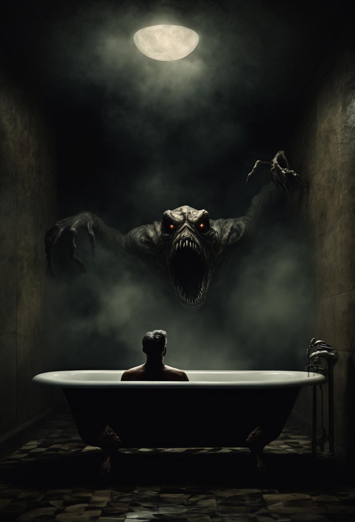 A person sitting in a bathtub with a monster looming above.