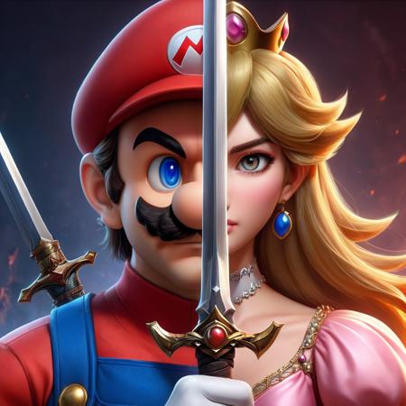 an realistic image of a fantasy game Mario holding sword infront of face, half of the face is Mario, on other half its Princess Peach, amazing quality, fantasy background, digital artTwoFace Blade, HD, masterpiece, best quality, hyper detailed, ultra detailed,