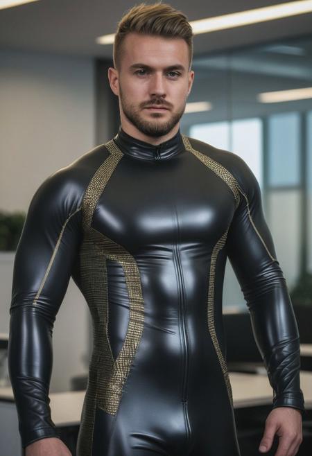 two strong 28-year-old german powerlifter males, with a  Top Fade hairstyle, detailed face, dominant expressions, wearing a skin tight black latex cybernetic suits with light-gray, silver and gold latex details, wearing skin tight black latex jockstraps over his latex suits, standing at attention posture,  on a modern office, looking to the camera, detailed face,  inside a office, professional photography, shot on sony a 7RIII , looking to the camera,  detailed skin face and eyes, natural lighting ,  film grain, low contrast, natural face,  dark circles under eyes