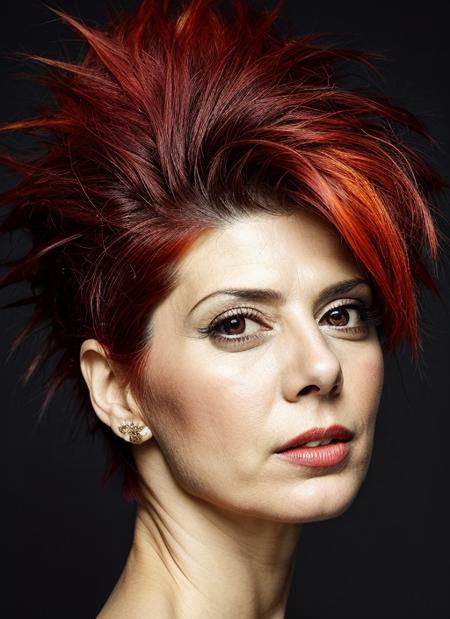 portrait of sks woman by Flora Borsi, style by Flora Borsi, bold, bright colours, orange Mohawk haircut, ((Flora Borsi)), <lora:locon_marisatomei_v1_from_v1_64_32:1>