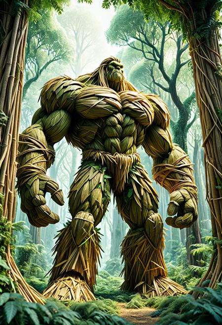 score_9,score_8_up,score_7_up, The image depicts a towering, muscular golem, seemingly composed of straw, entirely made of straw, standing majestically amidst a lush, verdant forest. Its form is robust and imposing, with broad shoulders and powerful limbs, intricately detailed with organic-like straw textures. the view emphasizing the grandeur of the forest guardian. The surrounding environment is in natural light, filtering through the dense canopy, creating a mystical and fantastical atmosphere.  <lora:1:1>
