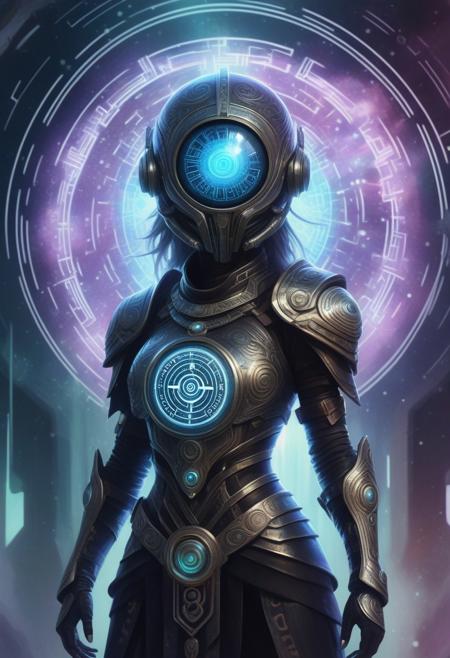 In a swirling vortex of digital watercolor hues, a mystic female warrior stands resolute, encased in sleek futuristic armor adorned with intricate runic designs that seem to pulse with an otherworldly energy. Her helmet's crest unfurls like a tentacle, featuring a single glowing eyeball within a retro TV shell, as if channel surfing the cosmos. With crystal sphere clutched tight, timelines of possible futures unfold before her, spectral forms whispering warnings of impending doom. Glyphs of shimmering light hover nearby, each one a cryptic command from beyond, guiding her through the labyrinthine corridors of fate with calculated precision.