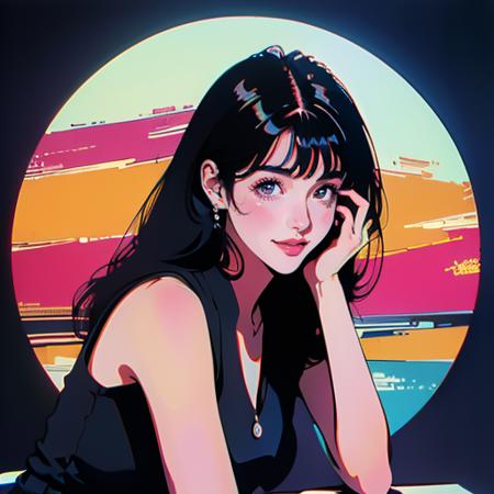 Best quality,masterpiece,ultra high res,1girl, solo, black hair, long hair, blue background, smile, simple background, head rest, looking at viewer, retro artstyle, dress, sleeveless, bangs
<lora:vaporwave2:1>,