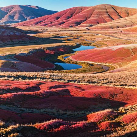 anime key visual, cute, landscape of a Resonant 1980'S (Painted Hills:1.3) from inside of a Marsh, winter trees and Cosmic background radiation in background, Sun in the sky, Realistic, Romantic, Minimalism Art, side lit, F/8, Provia, Bronze background, full of color, masterpiece, pixiv