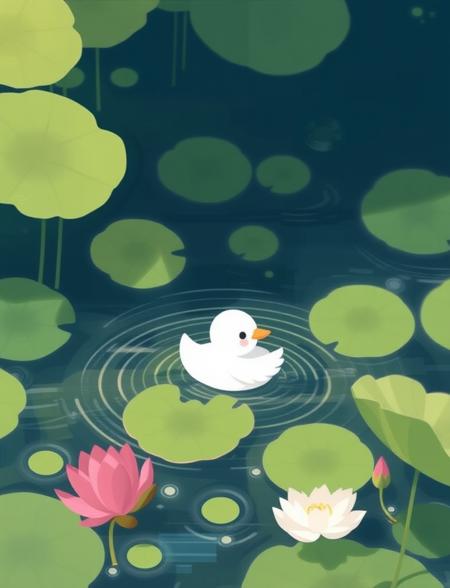 a digital whimsical illustration of a white cute duckling on the water, lotus leaves, lotus

high quality, best aethestic, best composition