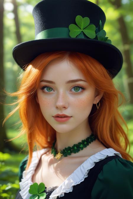 Dreamscape anime, shojo, 1girl, close up face, freckles, realistic, orange hair, beautiful eyes, wearing a green shamrock necklace, leprechaun top hat, leprechaun woman, lush green irish forest background, rating_safe, shy smile, luscious lips, sharp picture , magic particles, anime,  <lora:aesthetic_anime_v1s:1> . Surreal, ethereal, dreamy, mysterious, fantasy, highly detailed