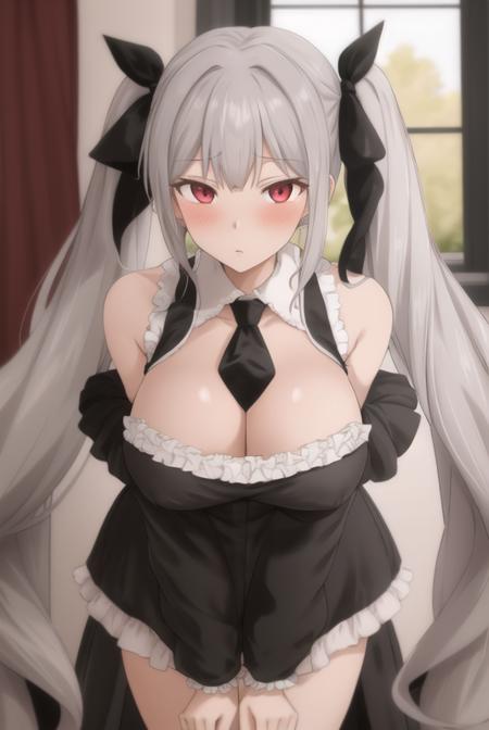 <lora:terasu_mc:0.8>, terasu mc, masterpiece, best quality, 1girl, breasts, solo, two-tone ribbon, twintails, large breasts, long hair, cleavage, red eyes, grey hair, dress, ribbon, looking at viewer, between breasts, very long hair, hair ribbon, frills, black dress, window, two-tone dress, bare shoulders, frilled dress, leaning forward, clothing cutout, necktie, blush, black ribbon, necktie between breasts, indoors, thighs