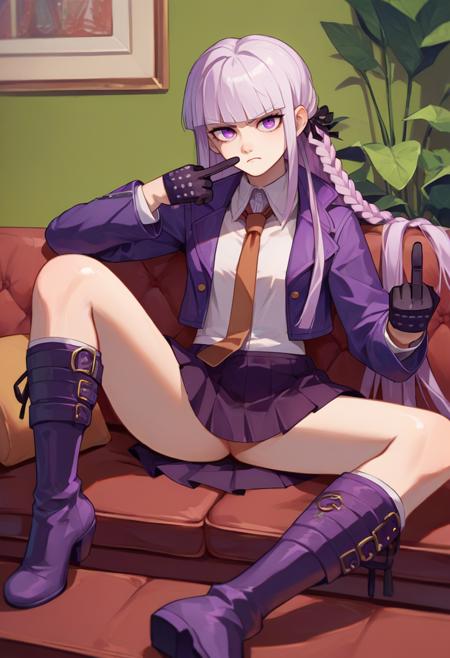 Kyoko, purple eyes, purple hair, long hair, braid,    black gloves,  purple jacket, purple skirt, brown necktie, white shirt boots