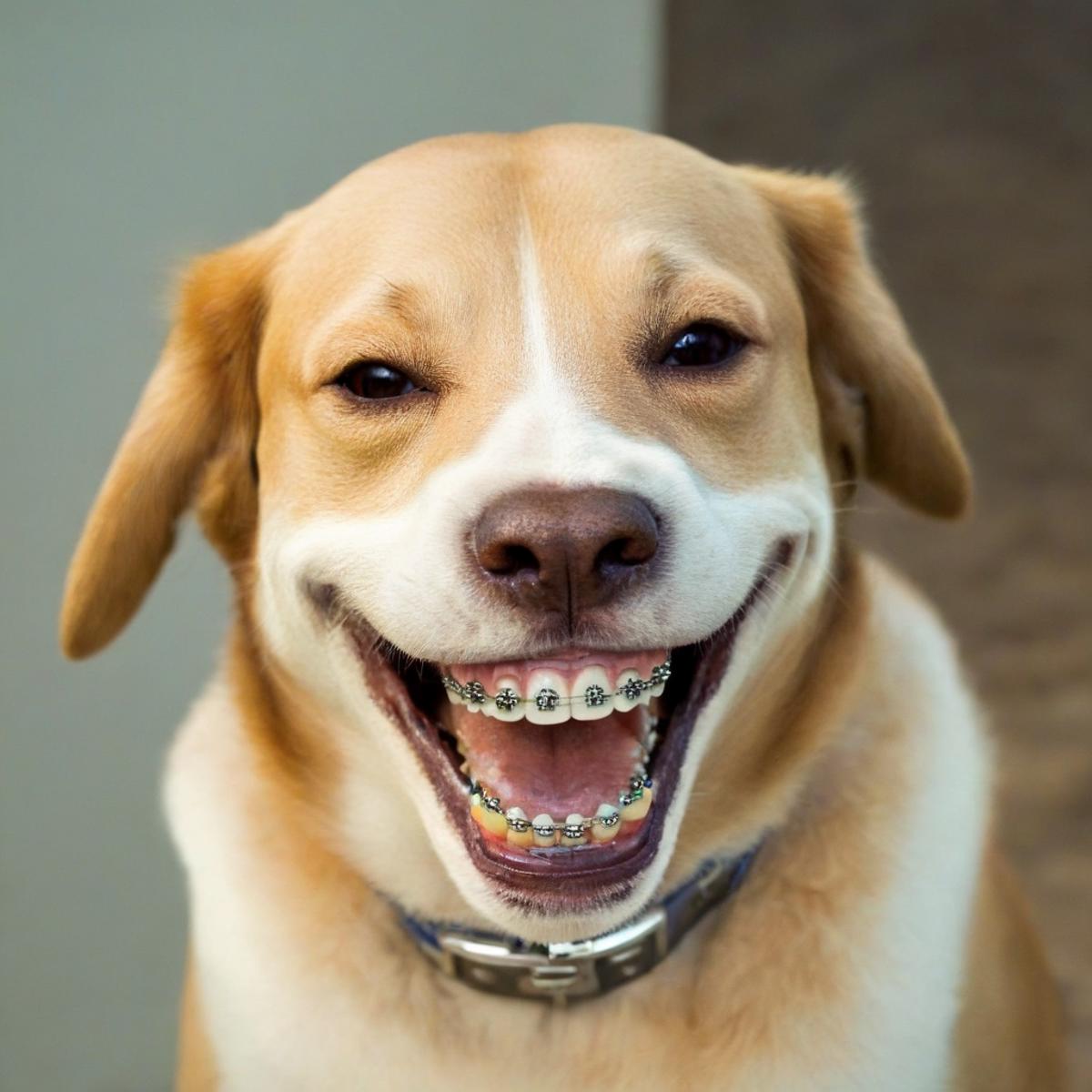 A brown and white dog wearing braces and smiling.