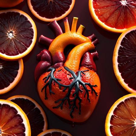 Human heart blood orange style, liquid running from it, detailed, high quality, vibrant colors