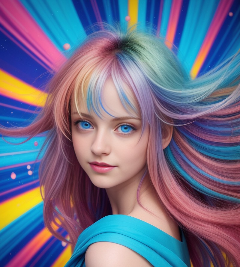 cute girl,  translucent, beautiful detailed blue eyes, (smile:0.5), wild colorful open hair, abstract geometric background...