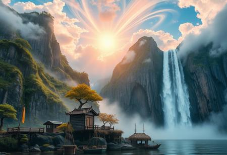 there is a tall waterfall, majestic water fall, the water fall is coming out of a mountain, Chinese mountains, there is moss growing on the mountains, small bonsai trees on the mountain, water mist, sun in the sky, sun behind clouds, water basin at base of cliff, small hut at base of cliff, small hut next to water fall, fishing rack, fishing polls, basket, fishing spot on shore, shore, clouds, swirling, vivid colours, blue, orange, pink, sky, ancient, overgrown, landscapes, intricate details, background colourful, cloud streams, dynamic, vibrant colours, high quality, detailed, realistic, beautiful, extreme detail, hyper realistic, dynamic light, expressive, digital media (artwork), hi res, masterpiece, RAW, photo, 8k, very sharp, very detailed, realistic, real, cinematic view, shaded, detailed shading, shading,