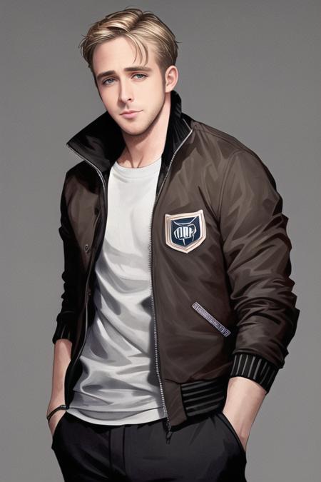 full figure frame, 1man, strict, grey background, clean brown hair, RYan Gosling,  handsome , varsity jacket, shirt, pants, jock, ultrarealistic, realism,